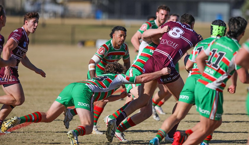 Kylan Mafoa charges through the Souths defence at Blacktown.