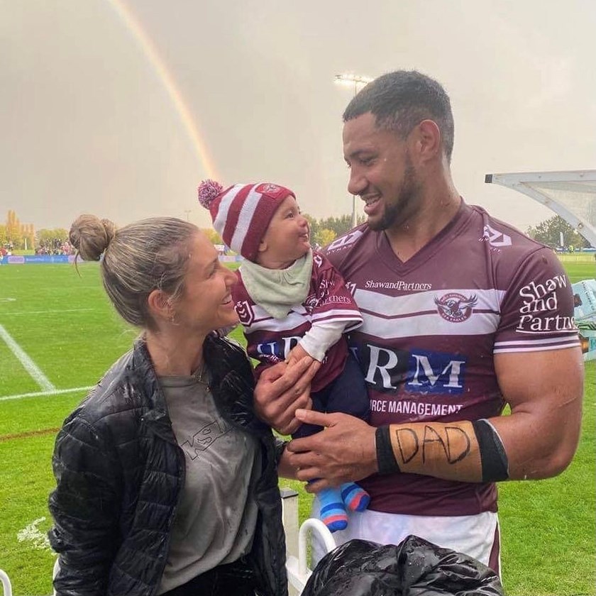Special moment....Taniela celebrates his 50th NRL game with Kobi and Carter after the 36-0 win over the Gold Coast Titans in Mudgee.
