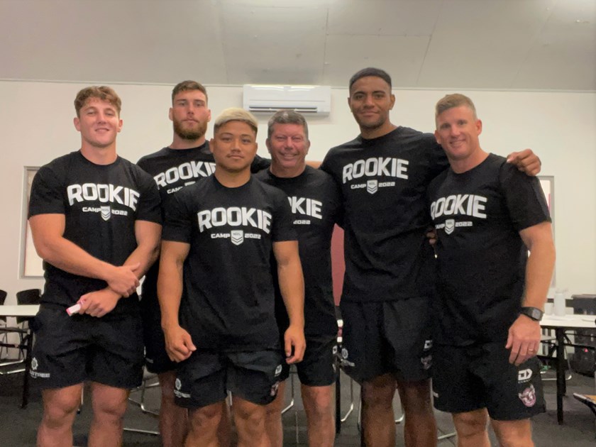 Rookie Camp time...Sea Eagles players (l-r) Jamie Humphreys, Jacob Sykes, Gordon Chan Kum Tong, Careers Coach Glenn Moore, Viliami Fifita, and Wellbeing and Education Manager Tim Gee 