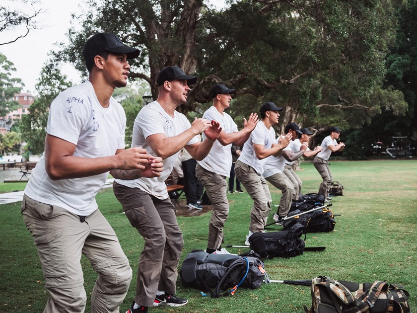 United...Clayton Faulalo (fourth right)  undertakes a drill at the Manly Mentality Camp