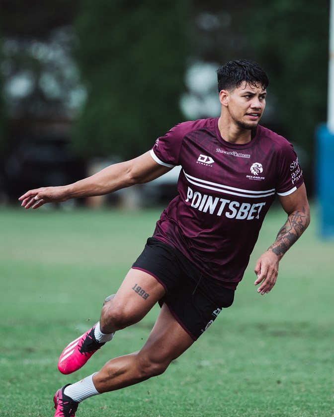 Jaxson Paulo puts the foot down during a training drill