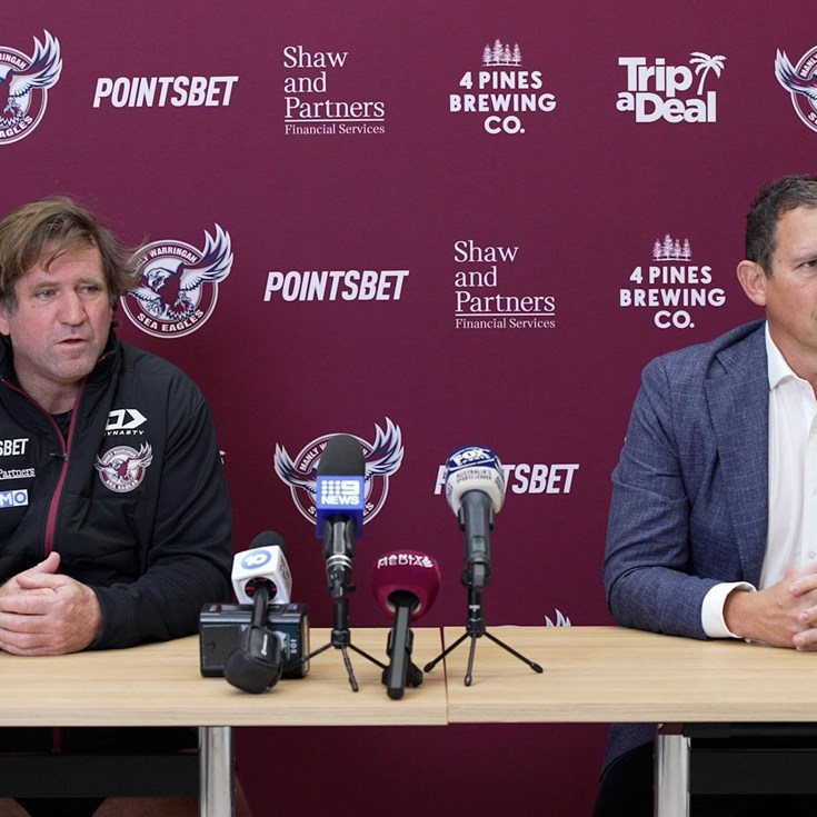 CEO Tony Mestrov and Des Hasler address the media