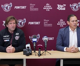 CEO Tony Mestrov and Des Hasler address the media