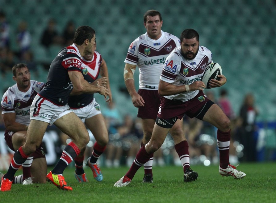 Photo by Colin Whelan copyright © nrlphotos.com :   Justin Horo steps away from Anthony Minichiello     NRL Rugby League, Telstra Cup Round 4 Sydney Roosters v Manly Warringah Sea Eagles at SFS, Friday March 28th  2014.