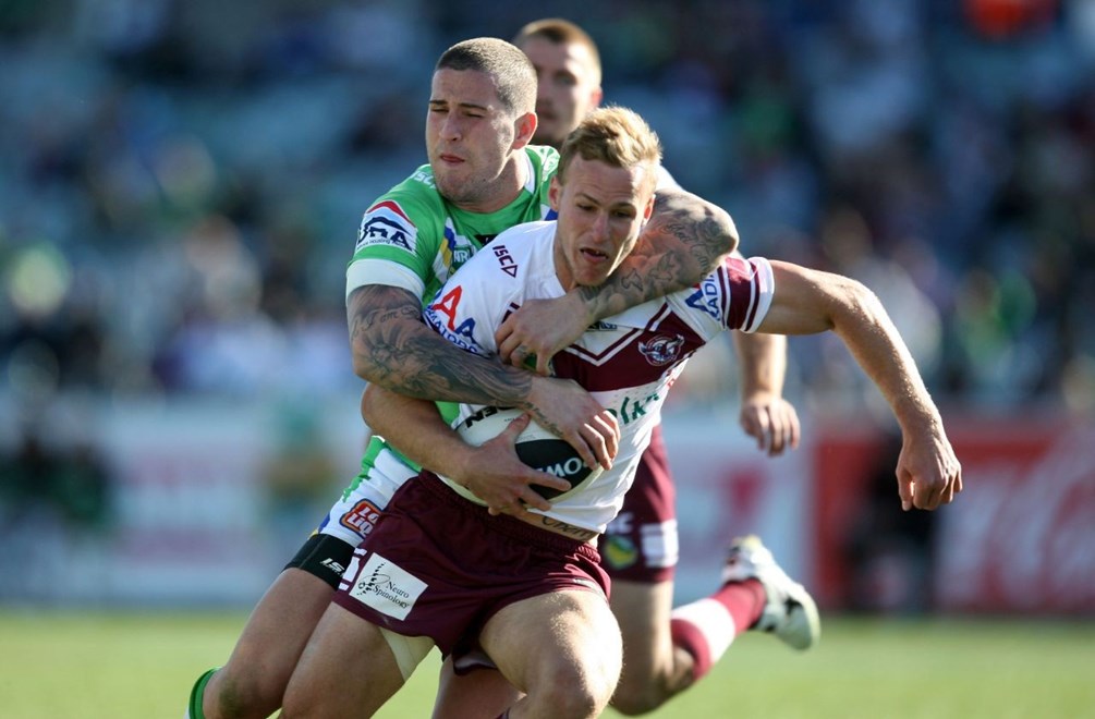 Daly Cherry-Evans attacks  : NRL Rugby League - Roind 24, Canberra Raiders V Manly Sea Eagles at Canberra Stadium, Sunday the 25th of August 2013. Digital Image by Grant Trouville Â© nrlphotos.com