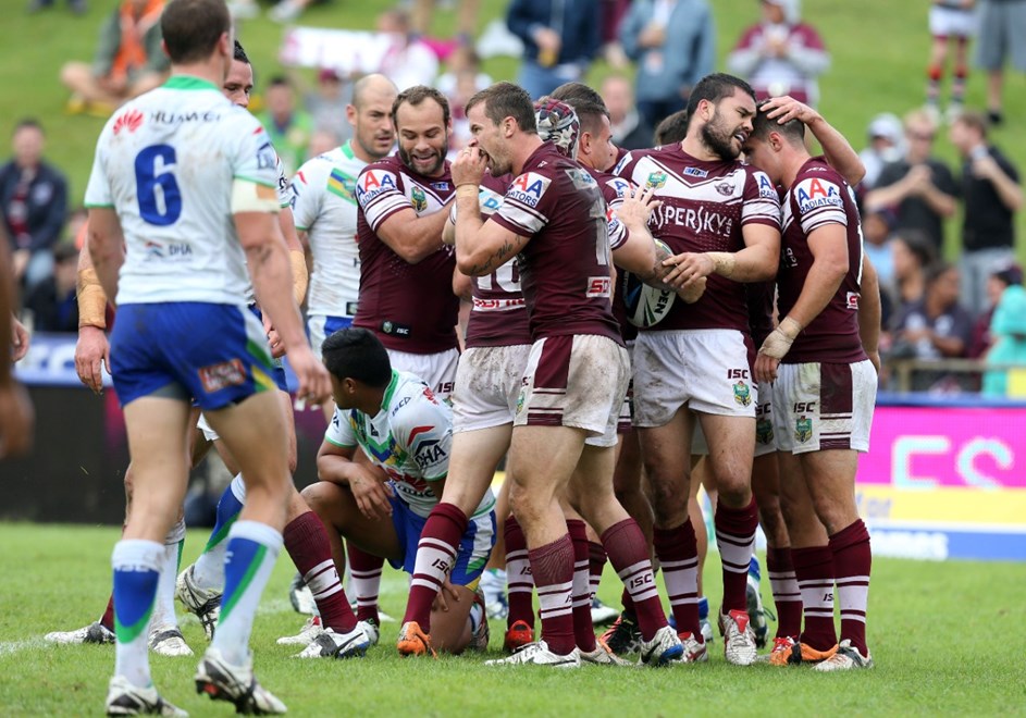 Digital Image Grant Trouville Â© nrlphotos.com :  Manly Celebrate after Watmough scores : NRL Rugby League Round 8 - Manly Sea Eagles v Canberra Raiders at Brookvale Oval sunday the 27th April 2014.