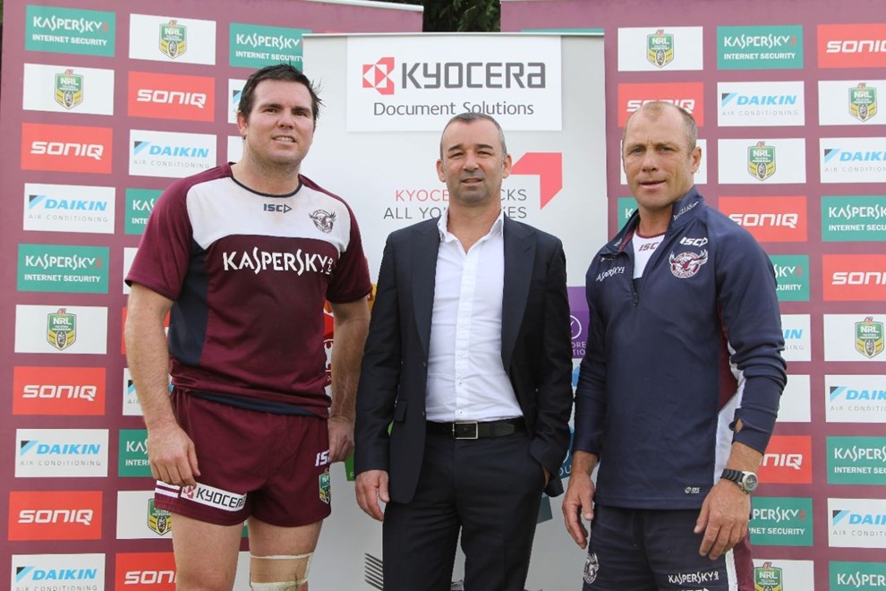 Sea Eagles Captain Jamie Lyon (SEA-2072365) and Coach Geoff Toovey (SEA-2072231) with Sales & Marketing Director of Kyocera Document Solutions Australia