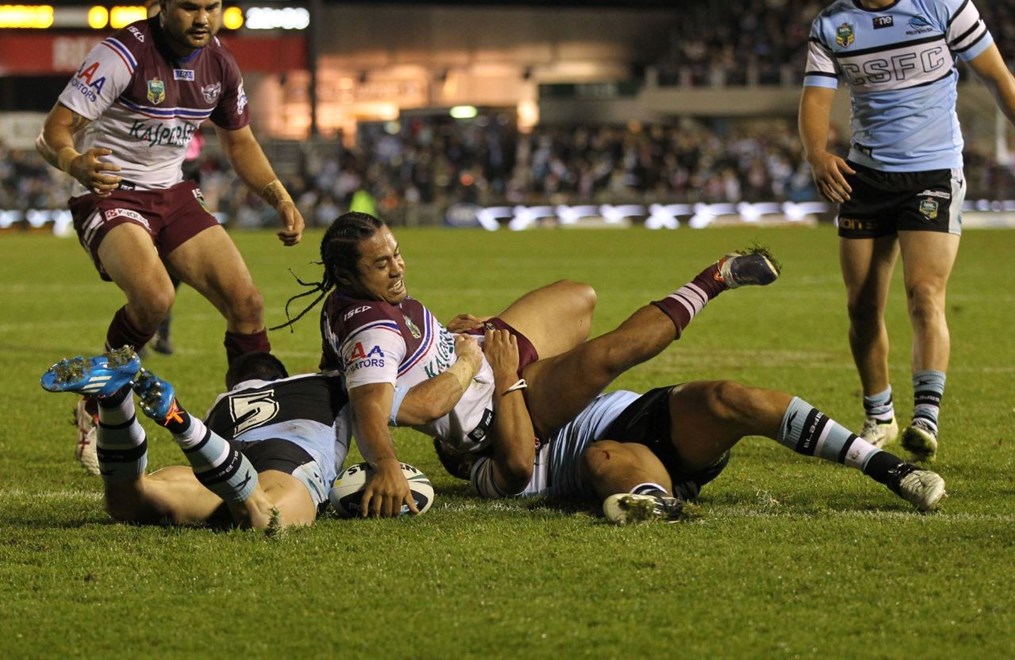 Photo by Colin Whelan copyright © nrlphotos.com :            Steve Matai scores the opening try for Manly                   NRL Rugby League, Round 15 Cronulla Sutherland Sharks v Manly Warringah Sea Eagles at Cronulla, Saturday June 21st 2014