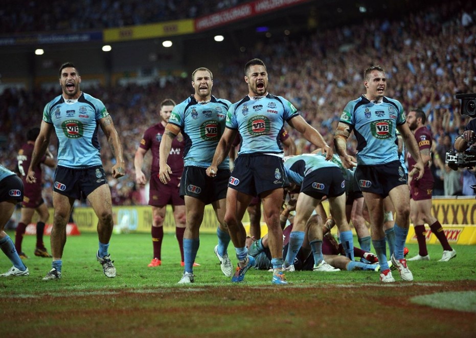 Digital Image by Robb Cox Â©nrlphotos.com: NSW celebrate at fulltime :Representative Rugby League;  QLD V NSW State of Origin at Suncorp Stadium, Brisbane. Wednesday the 28th of May 2014.