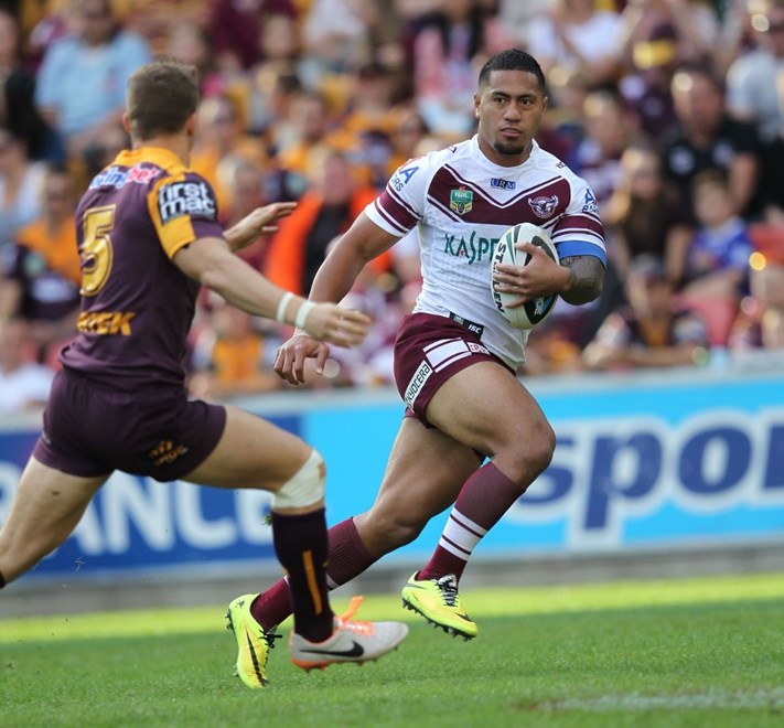 Photo by Colin Whelan copyright © nrlphotos.com :     Jorge Taufua tries to evade Dale Copley                          NRL Rugby League, Round 12 Brisbane Broncos v Manly Sea Eagles at Suncorp Stadium, Sunday June 1st  2014.