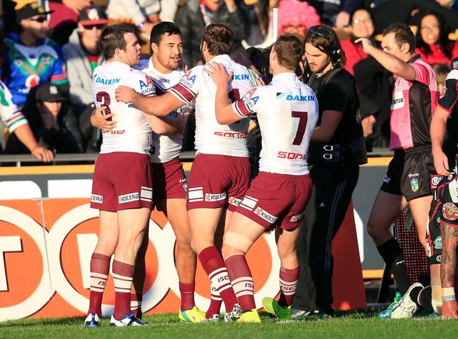 Manly celebrate Manly's Peta Hiku's try:           NRL Rugby League, Round 20, NZ Warriors v Manly Sea Eagles at Mt Smart, Sunday July 27th 2014. Digital image by Shane Wenzlick, copyright nrlphotos.com