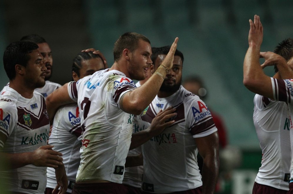 Photo by Colin Whelan copyright © nrlphotos.com :   Cheyse Blair celebrates his try     NRL Rugby League, Telstra Cup Round 4 Sydney Roosters v Manly Warringah Sea Eagles at SFS, Friday March 28th  2014.