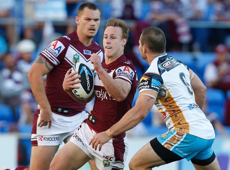 Photo by Charles Knight copyright Â© nrlphotos.com :Daly Cherry-Evans -  NRL Rugby League, Round 23 Gold Coast Titans v Manly Sea Eagles at Cbus Stadium, Sunday August 17th 2014.