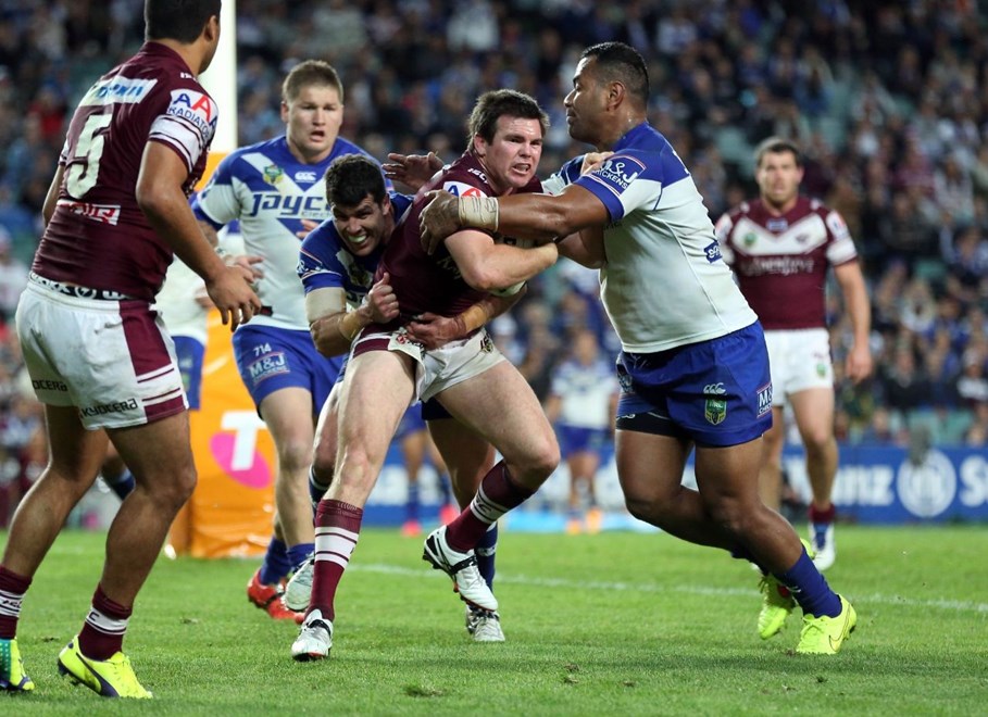 Digital Image by Robb Cox Â©nrlphotos.com: Jamie Lyon gets tackled in goal :NRL Rugby League - Finals Week 2, Manly-Warringah Sea Eagles V Canterbury-Bankstown Bulldogs at Allianz Stadium, Saturday September 20th 2014.