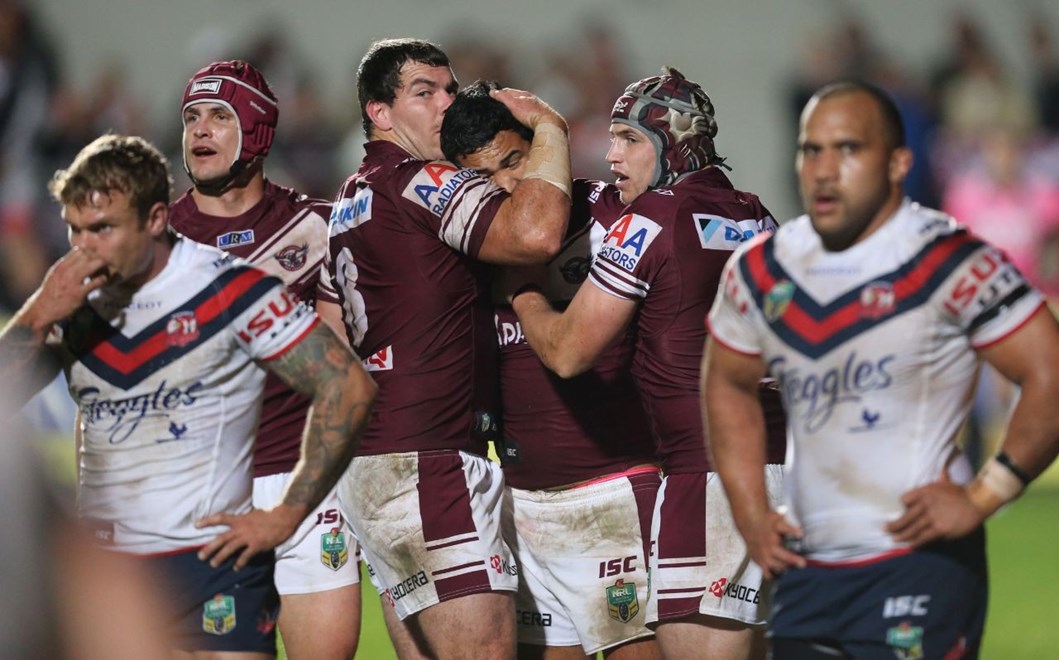 Digital Image Grant Trouville Â© nrlphotos.com : Manly Celebrate after Hiku scores : NRL Rugby League Round 16 - Manly Sea Eagles v Sydney Roosters, at Brookvale Oval friday the 27th of June  2014.