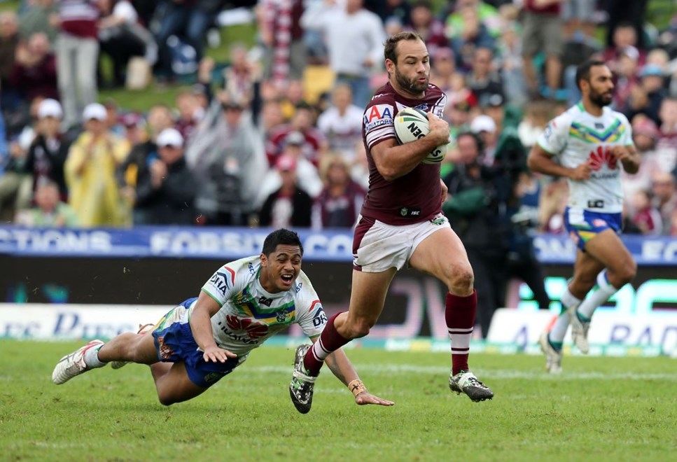 Digital Image Grant Trouville Â© nrlphotos.com :  Brett Stewart scores : NRL Rugby League Round 8 - Manly Sea Eagles v Canberra Raiders at Brookvale Oval sunday the 27th April 2014.