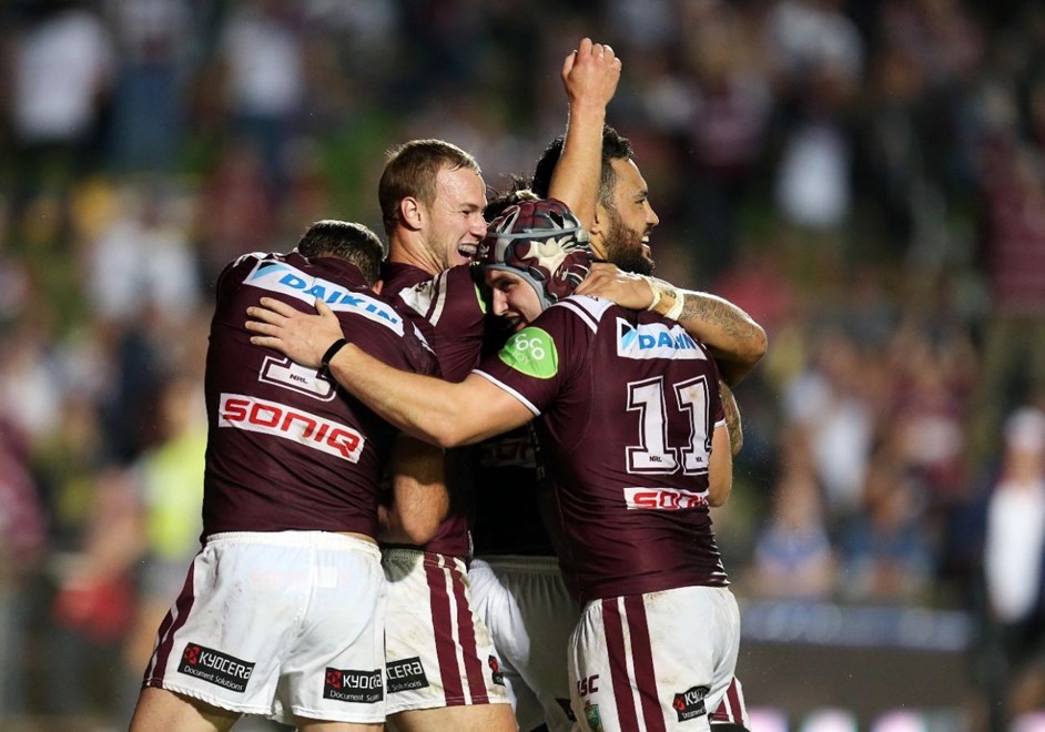 Manly Celebrate after Mateo scores :Digital Image by Grant Trouvile Â© NRLphotos  : 2015 NRL Round 2 - Manly Sea Eagles v Bulldogs at Brookvale, Friday 20th 2015.