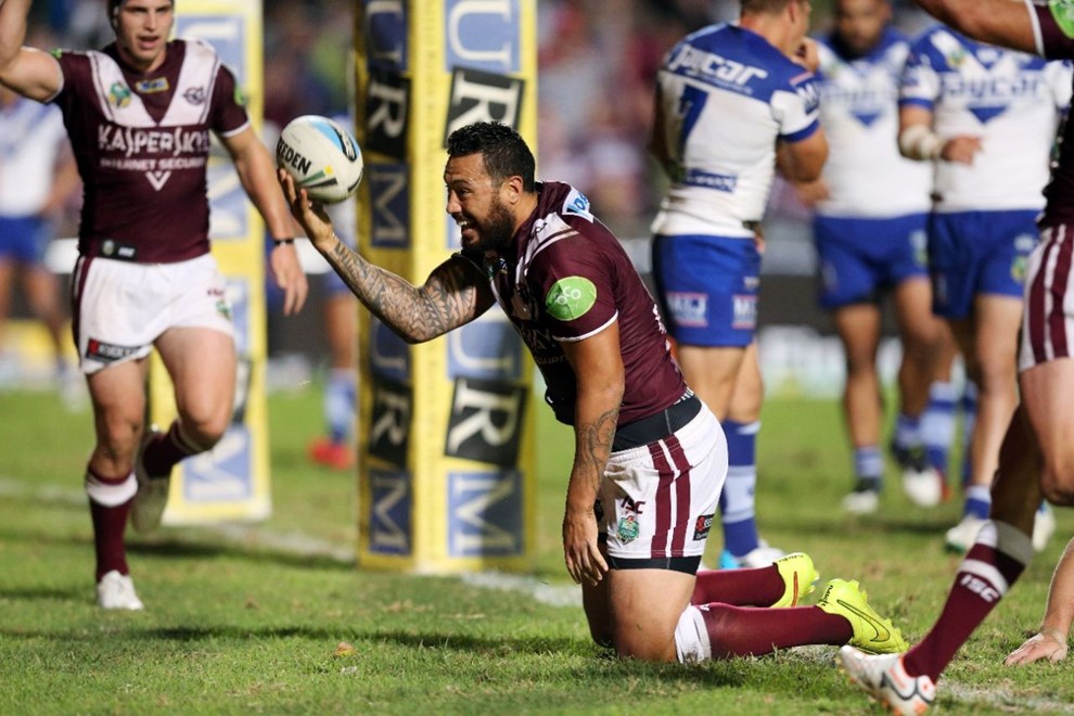 Manly Celebrate after Feleti Mateo scores :Digital Image by Grant Trouvile Â© NRLphotos  : 2015 NRL Round 2 - Manly Sea Eagles v Bulldogs at Brookvale, Friday 20th 2015.