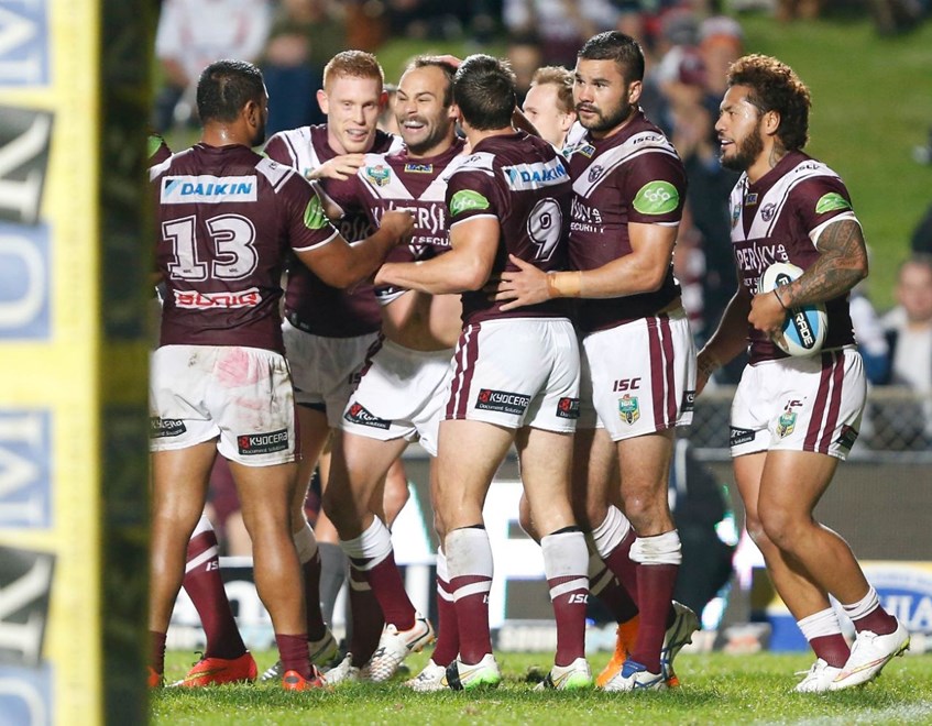 Brett Stewart celebrates his second try : Digital Image by Robb Cox Â©nrlphotos.com : : NRL Rugby League - Manly-Warringah Sea Eagles V Penrith Panthgers at Brookvale Oval, Monday May 18th 2015.