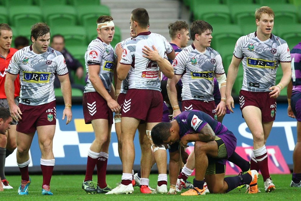   Digital Image by Ian Knight © nrlphotos.com: NYC, Rugby League, Round 8, Melbourne Storm v Manly Sea Eagles @ AAMI Park, Melbourne, VIC, Saturday April 25th, 2015. 