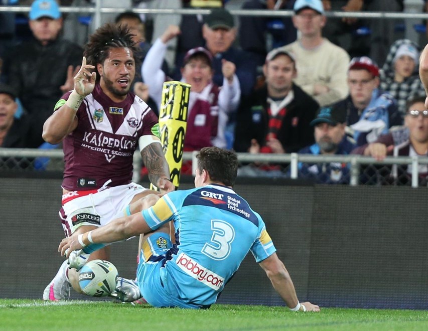 Jorge Taufua celebrates his try : Digital Image by Charles Knight copyright Â© NRLphotos. NRL Rugby League, Gold Coast Titans v Manly Sea Eagles at Cbus Super Stadium, Gold Coast, July 13th, 2015.