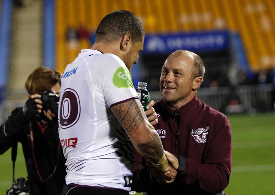Manly coach Geoff Toovey congratulates Sea Eagles Willie Mason:           NRL Rugby League, Round 20, NZ Warriors v Manly Sea Eagles at Mt Smart, Saturday 25th July 2015. Digital image by Shane Wenzlick, copyright nrlphotos.com