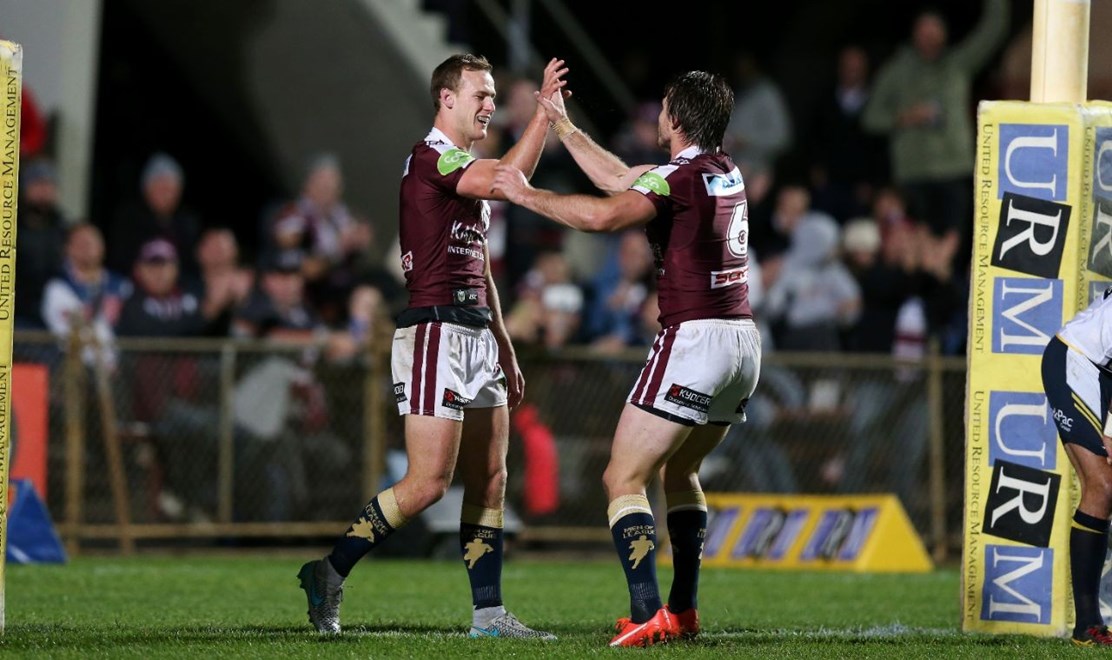 Manly Celebrate after DCE scores  :Digital Image Grant Trouville Â© NRLphotos  : NRL Rugby League - Round 19 - Manly Sea Eagles v NQ Cowboys at Brookvale Oval Monday the 20th of July  2015.