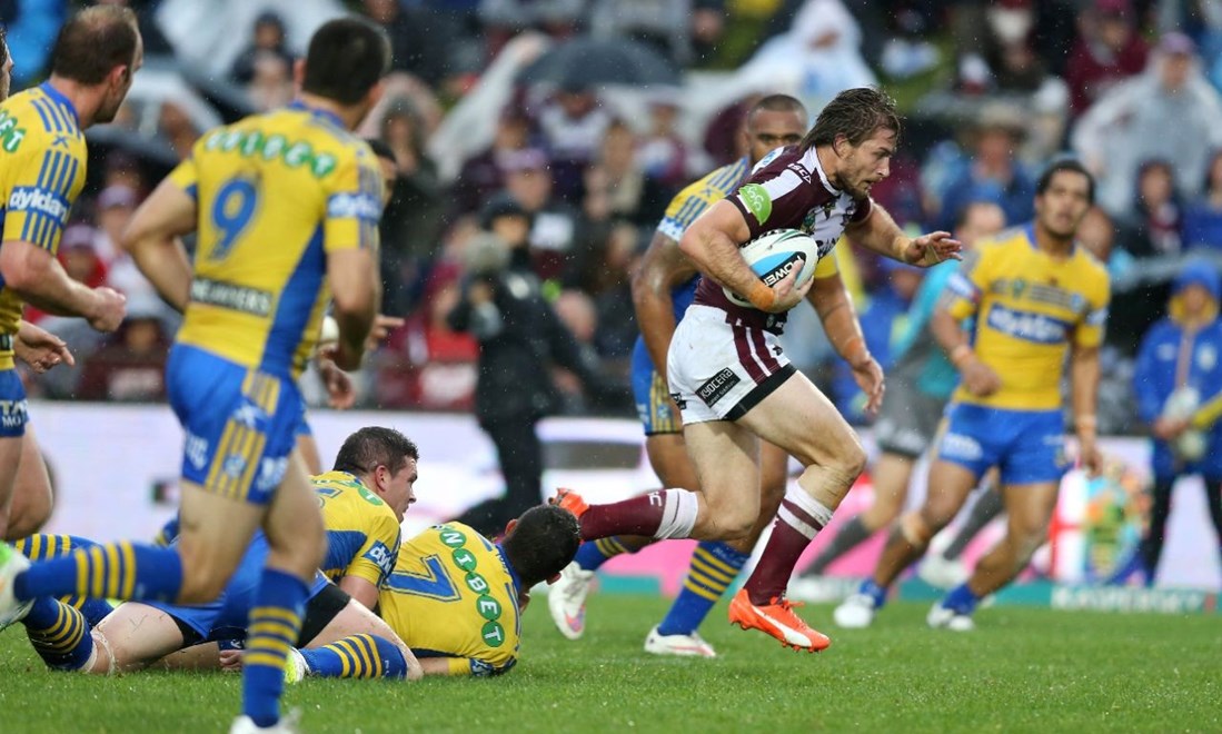 Keiran Foran makes abreak :Digital Image Grant Trouville Â© NRLphotos  : NRL Rugby League - Round 24 Manly Sea Eagles v Parramatta Eels at Brookvale Oval Sunday the 23rd of August 2015.