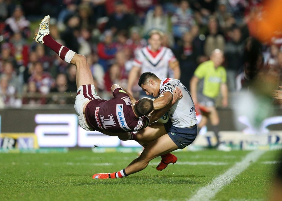 Roger Tuivasa-Sheck flips brett Stewart  :Digital Image Grant Trouville Â© NRLphotos  : NRL Rugby League - Round 25 Manly Sea Eagles v Sydney Roosters, at Brookvale Oval Manly Friday 28th of August 2015.