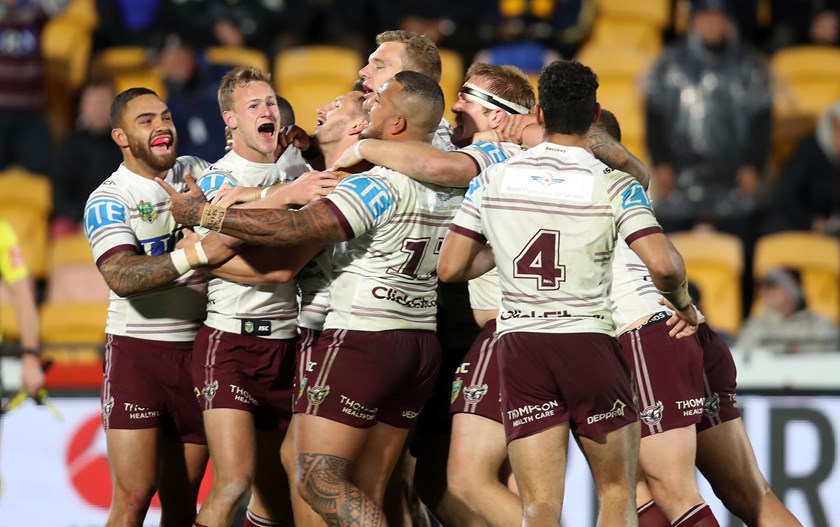 What a win...the Sea Eagles celebrate their Golden Point win over the Warriors in 2017
