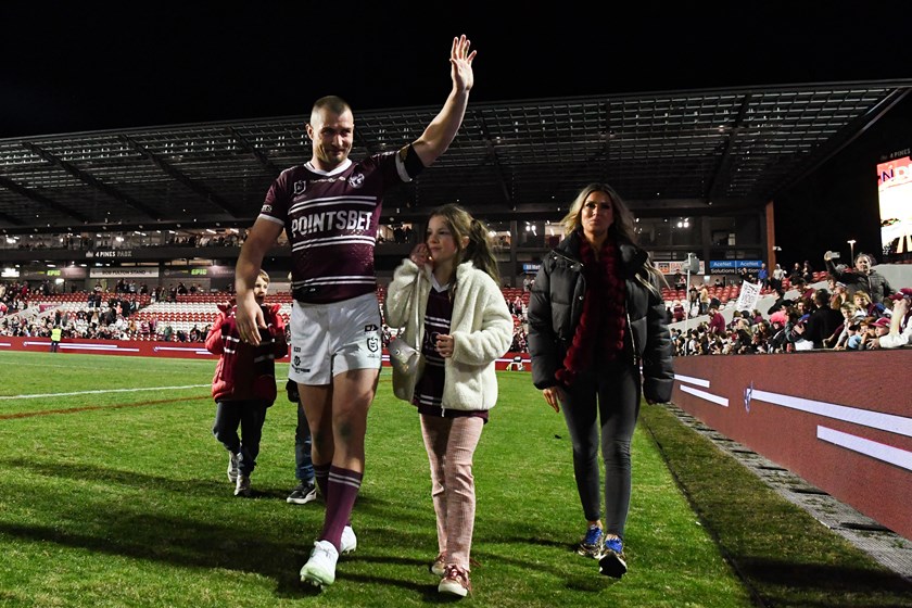 Memories...Kieran Foran and family on his farewell lap of honour around 4 Pines Park last year.