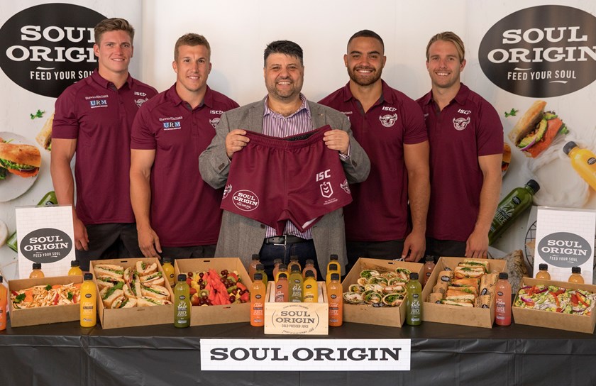 From left to right: Reuben Garrick, Trent Hodkinson, Chris Mavris, Dylan Walker and Kane Elgey launch Soul Origin Partnership.