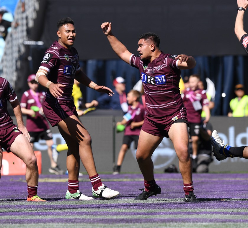 Keith Titmuss celebrates his match-winning try in the 2017 NYC Grand Final.