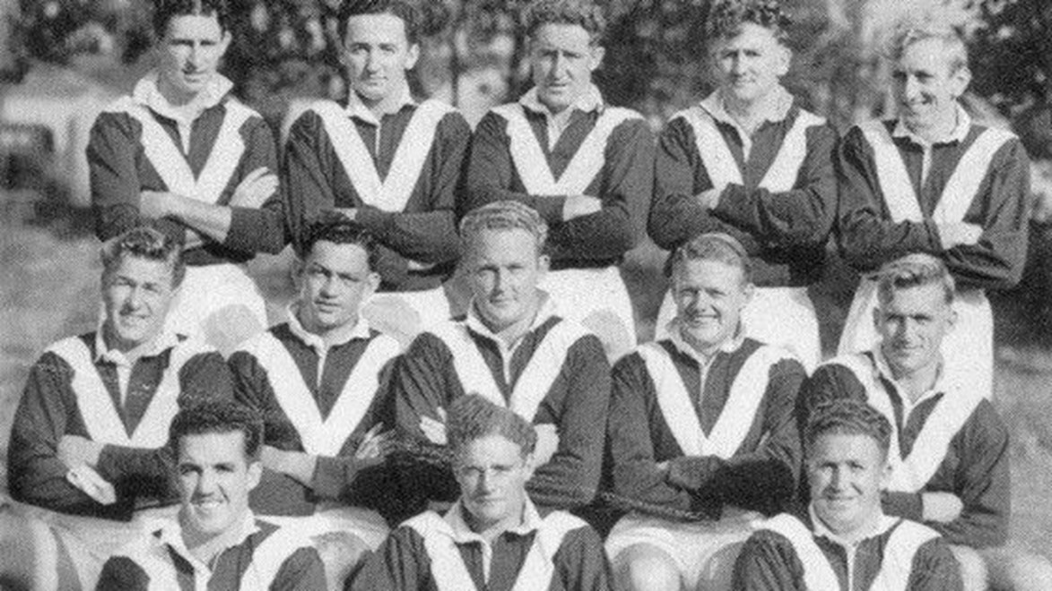 Manly's inaugural 1947 first grade team
Back row (l-r) C 'Kelly' McMahon, Merv Gillmer, Keith Kirkwood, Harry Grew, Johnny Bliss; Middle row (l-r) Jim Hall, AJ 'Bert' Collins, Max Whitehead (Captain), Mackie Campbell, Jim Walsh; Front row (l-r) Ern Cannon, Gary Maddrell, Pat Hines.