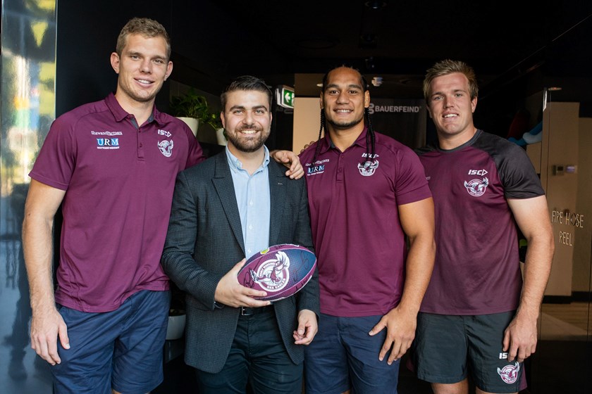 Bauerfeind Australia / New Zealand Managing Director Walid Yassine at the Bauerfeind Sydney flagship store with Manly Warringah Sea Eagles NRL players Tom Trbojevic, Martin Taupau and Jake Trbojevic.