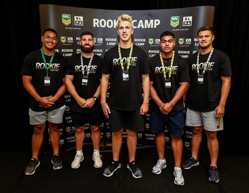 Manly players (l-r) Sione Fainu, Abbas Miski, Ben Trbojevic, Alec Tuitavake, and Josh Schuster at the NRL Rookie Camp. Photo: David Hossack (PureLight Photography)