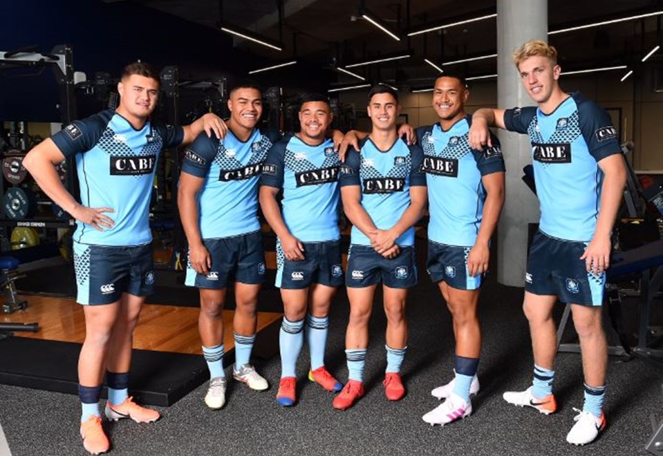 Exciting young Manly players (l-r) Josh Schuster, Alec Tuitavake, Siua Fotu, Kaeo Weekes, Sione Fainu, and Ben Trbojevic will represent the NSW U18s team.

