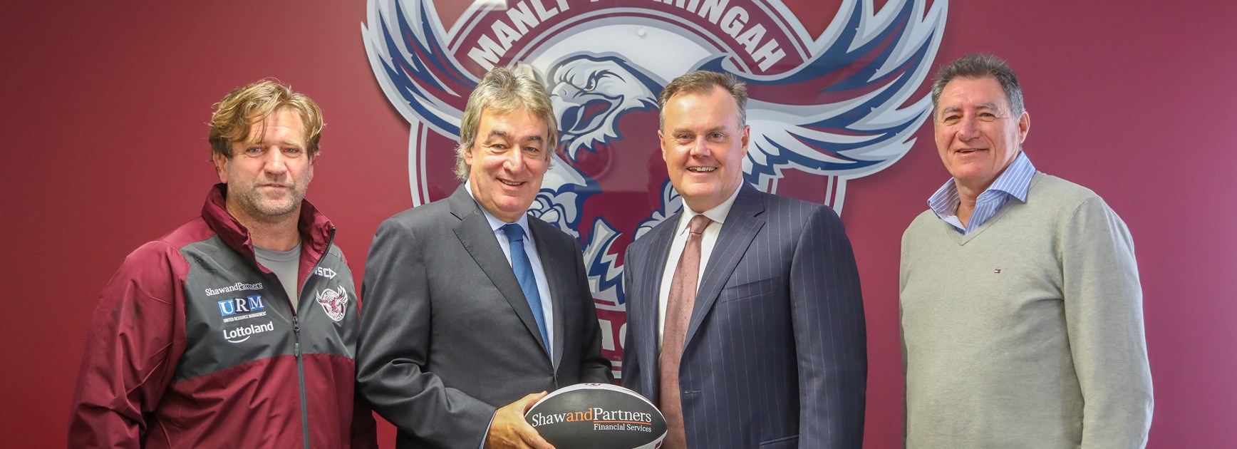 Shaw and Partners Co-CEOs, Allan Zion (middle left) and Earl Evans (middle right) with Sea Eagles Head Coach, Des Hasler, and Director, Gary Wolman (far right). Photo: Manly Media 
 
