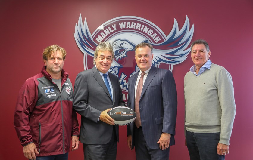 Shaw and Partners Co-CEOs, Allan Zion (middle left) and Earl Evans (middle right) with Sea Eagles Head Coach, Des Hasler, and Director, Gary Wolman (far right). Photo: Manly Media 
 
