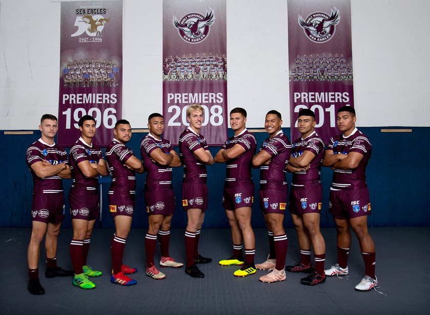 Manly's 2019  NSW U18 train on squad featuring Ben Trbojevic (centre), Josh Schuster (fourth from right) and Sione Fainu (third from right).