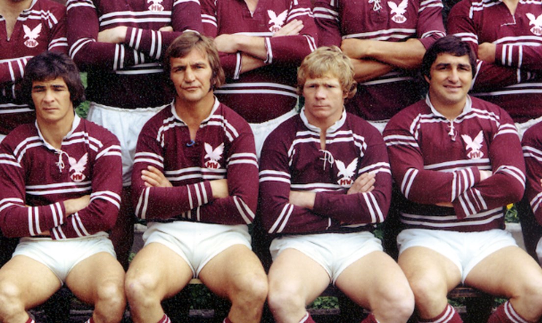 Flashback.....Peter Peters (far right)  sits next to his great mate Bob Fulton  in the 1973 Grand Final team photo