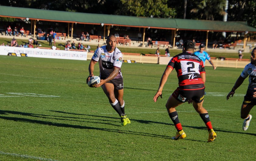 Sea Eagles second-rower Dane Aukafolau looks for an opening against the Bears. 