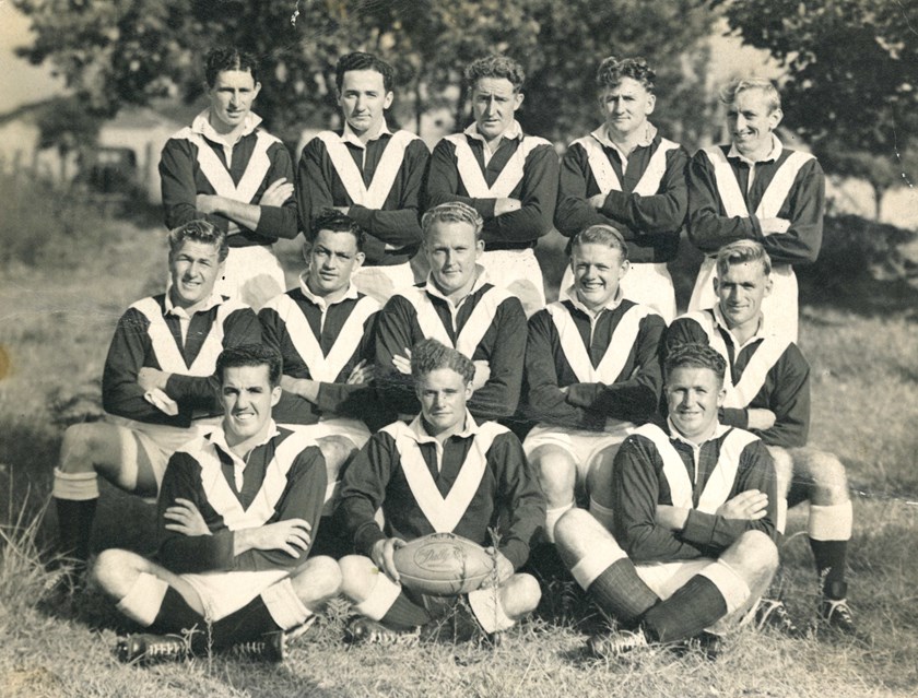 Manly's inaugural 1947 first grade team Back row (l-r) C 'Kelly' McMahon, Merv Gillmer, Keith Kirkwood, Harry Grew, Johnny Bliss; Middle row (l-r) Jim Hall, AJ 'Bert' Collins, Max Whitehead (Captain), Mackie Campbell, Jim Walsh; Front row (l-r) Ern Cannon, Gary Maddrell, Pat Hines.