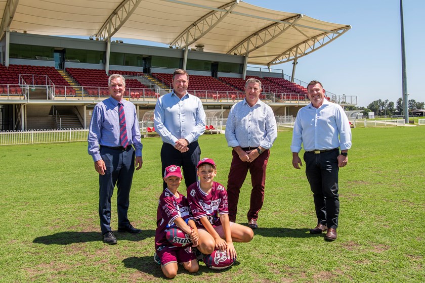 From Manly to Mudgee...(l-r) Mid-Western Regional Council General Manager Brad Cam, Sea Eagles CEO Stephen Humphreys, Mid-Western Regional Council Mayor Des Kennedy, and Member for Dubbo, Dugald Saunders, were joined at Glen Willow Sports Complex by excited Sea Eagles supporters Taylor Diprose (left) and Oscar Diprose. 