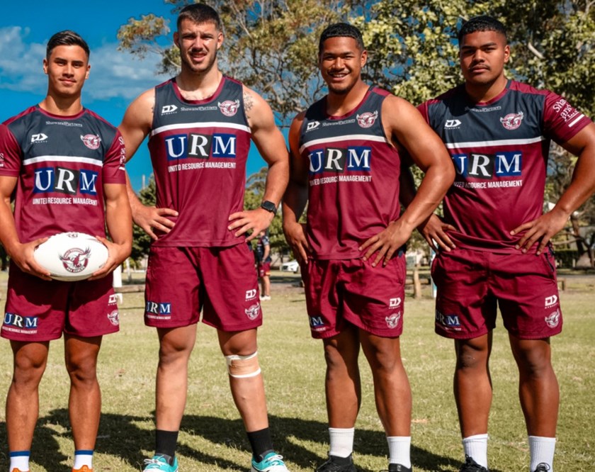 Bright futures..Manly's 2021 Development players (l-r) Kaeo Weekes, Zac Saddler, Sione Fainu, and Alec Tuitavake