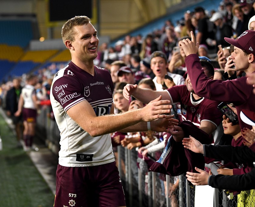 Tom Trbojevic enjoys the win over the Titans with some excited Sea Eagles supporters.