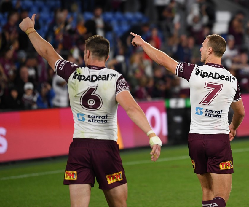 Halves Kieran Foran and Daly Cherry-Evans thank the Manly supporters at Cbus Super Stadium after the big win over the Titans.