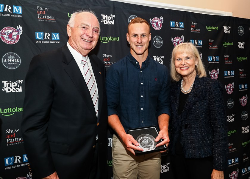 Daly Cherry-Evans with Sea Eagles Co-Owners Rick and Heather Penn.