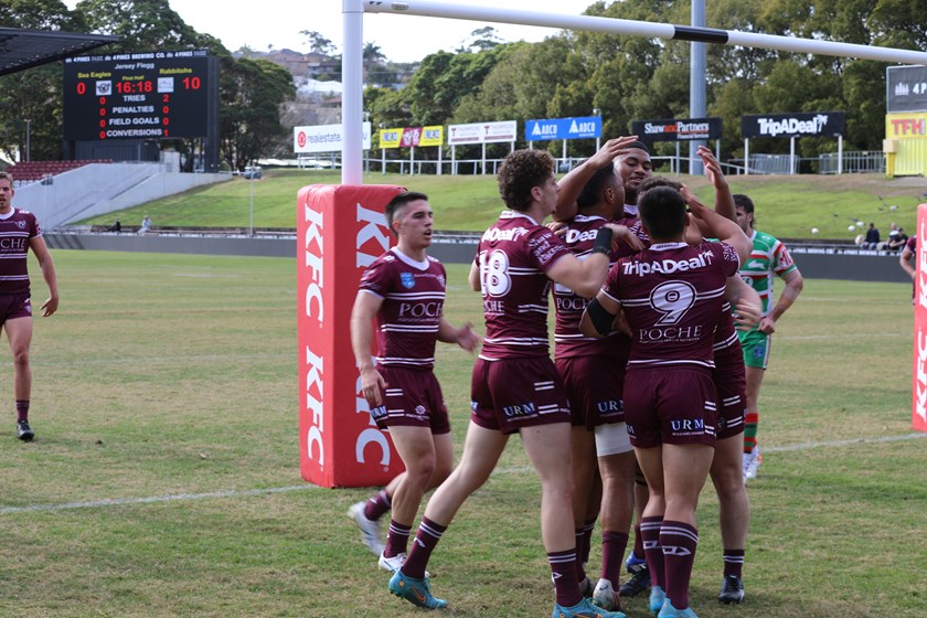 The Sea Eagles celebrate Jason Smyth's try in their last start win over South Sydney
