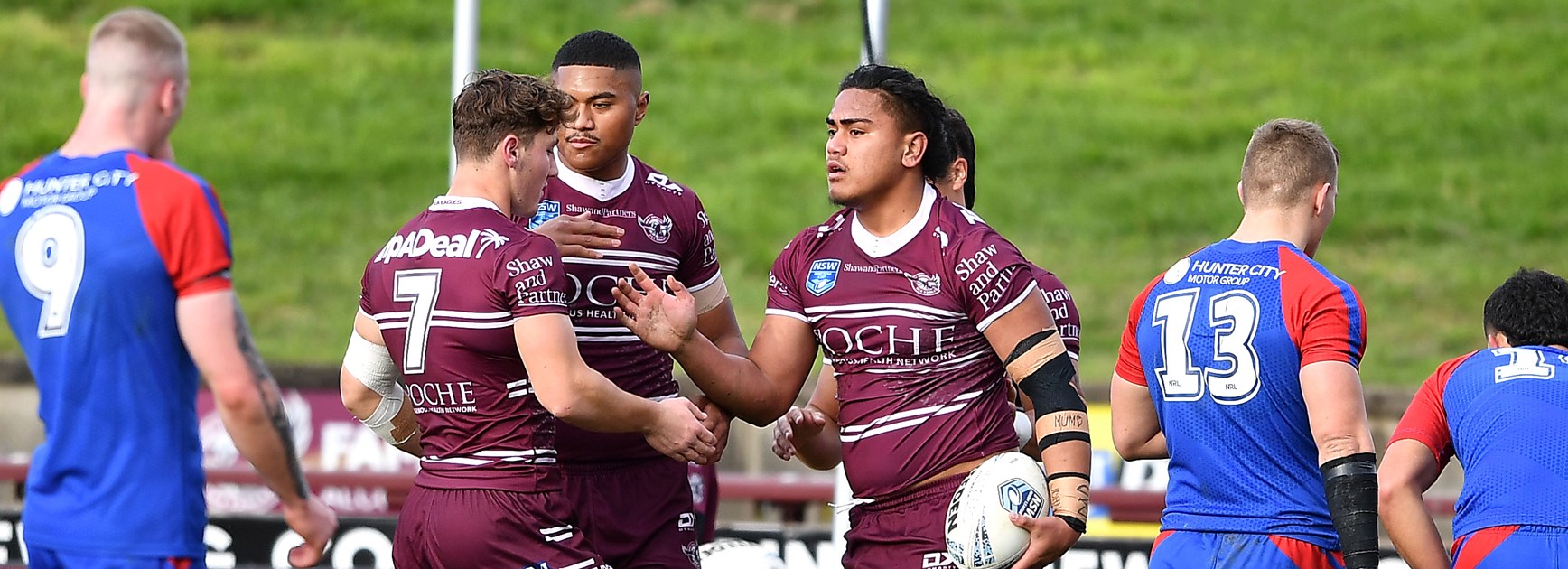Sanele Aukusitino scored two tries in five minutes for the Sea Eagles against the Knights today.